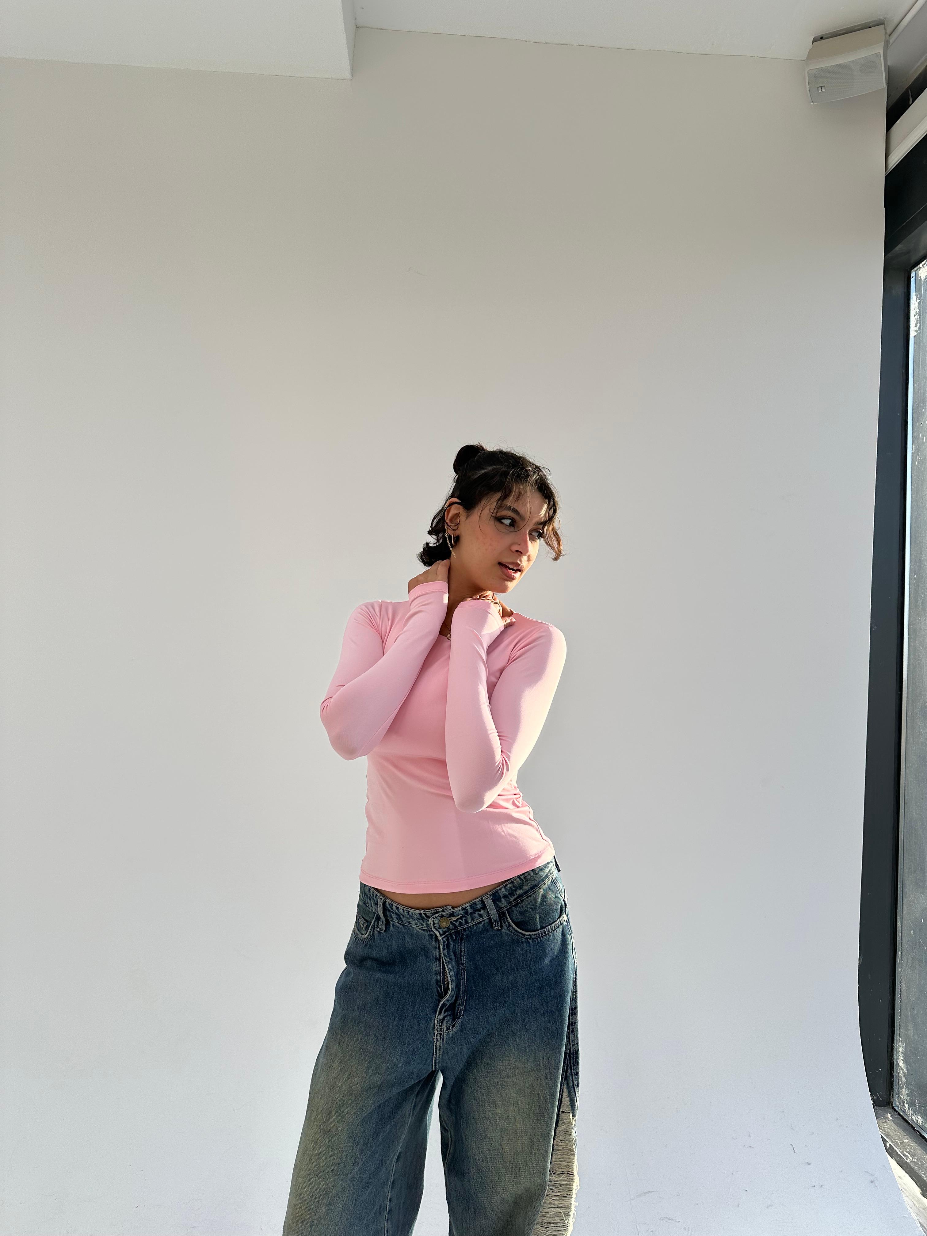 Round Neck Full Sleeve Top - Pink